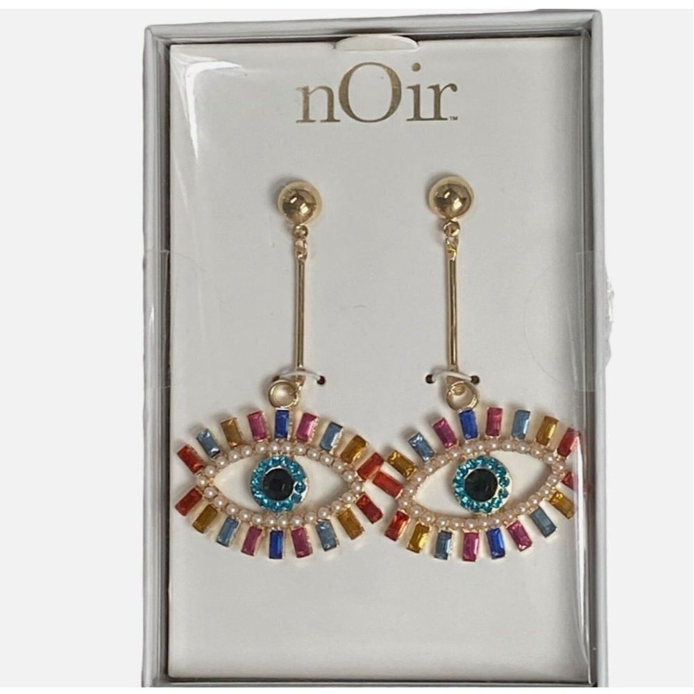 Noir Earrings Gold Tone Evil Eye Rhinestone Colorful Drop Dangle Sparkle NEW